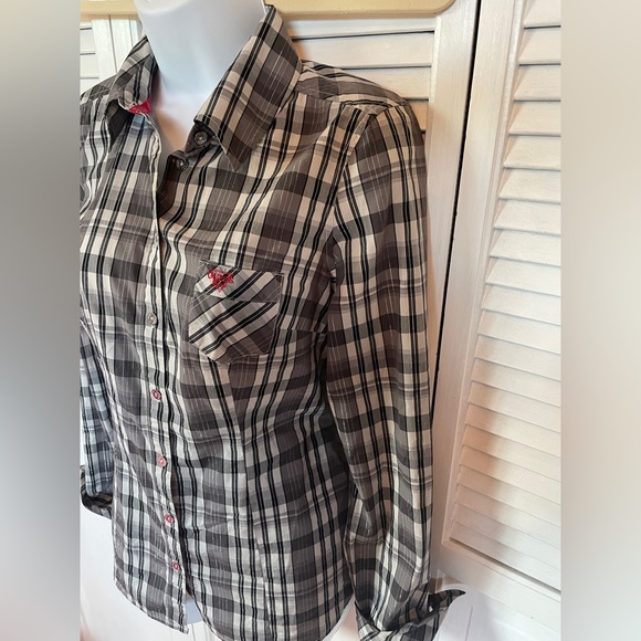 Guess Black Gray Plaid Long Sleeve Shirt Size Medium - Picture 3 of 11
